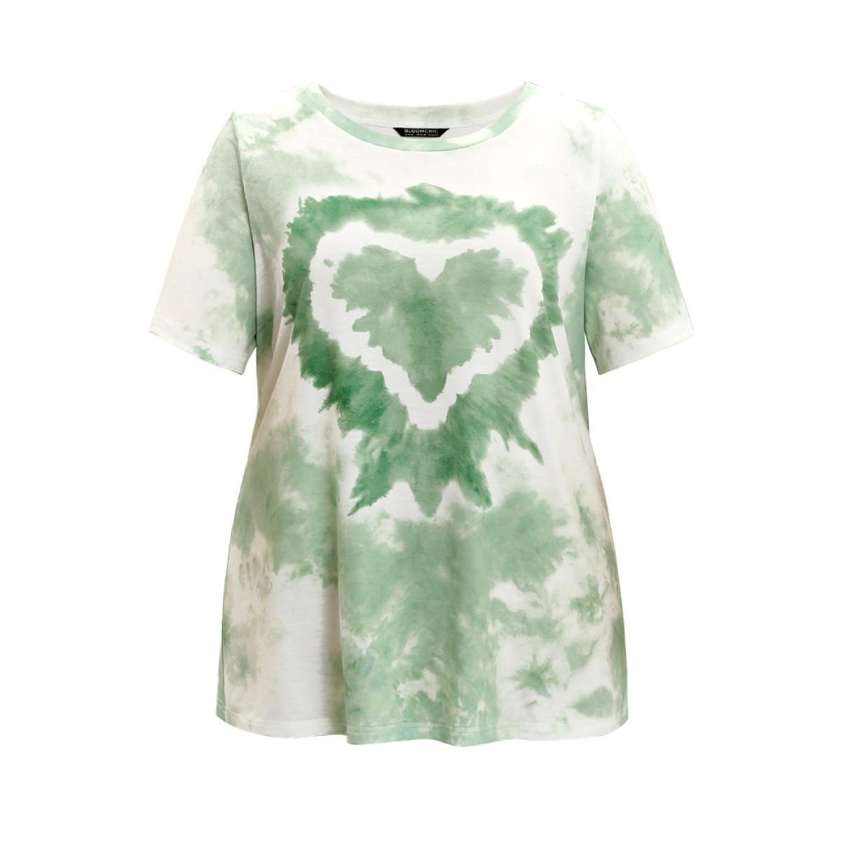 Plus Size Heart Print Crew Neck Tie Dye T-shirt Green Women Casual Heart Print Round Neck Dailywear T-shirts BloomChic 26/4X Product Image