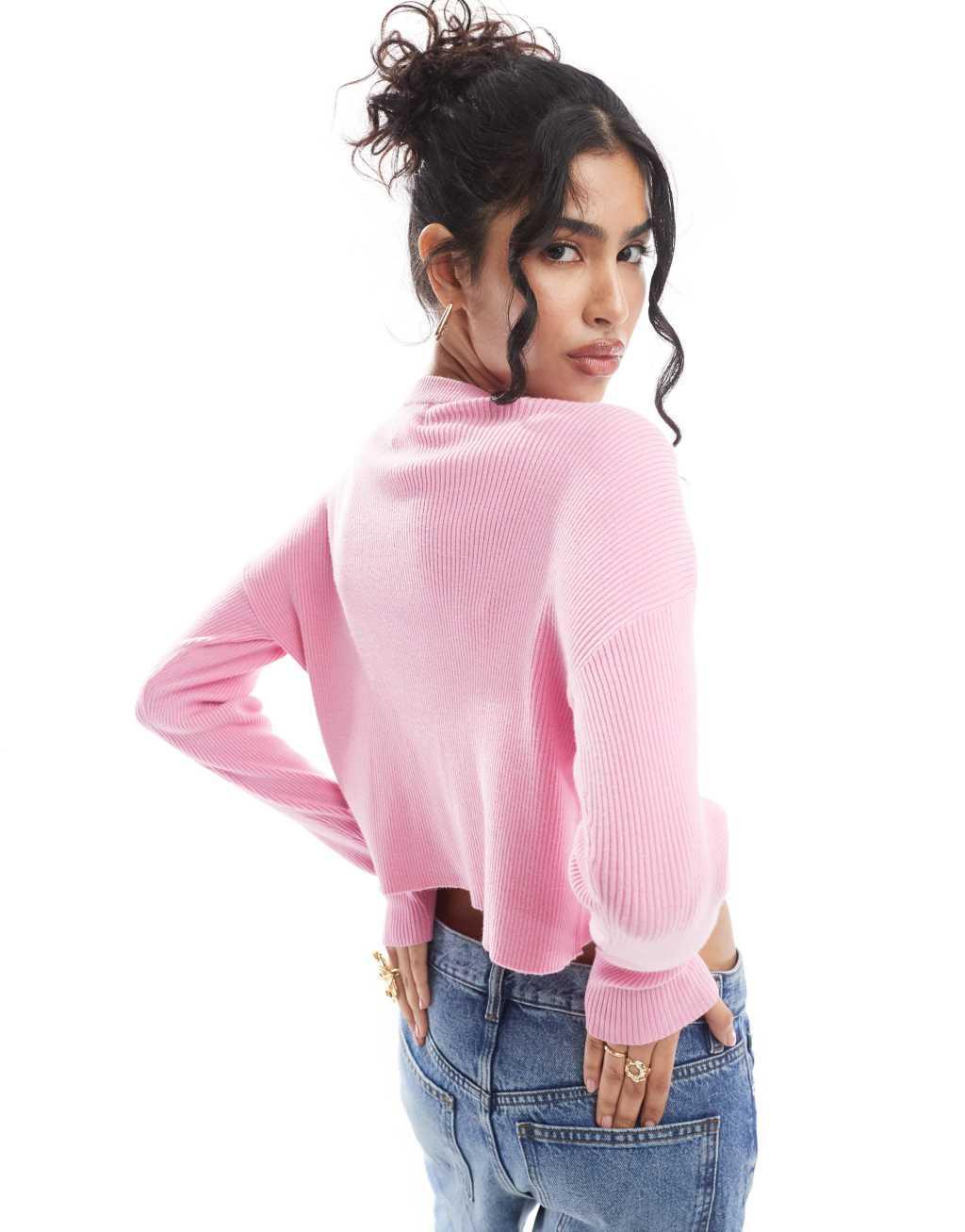 ASOS DESIGN slim fit cardigan with crew neck in pink Product Image