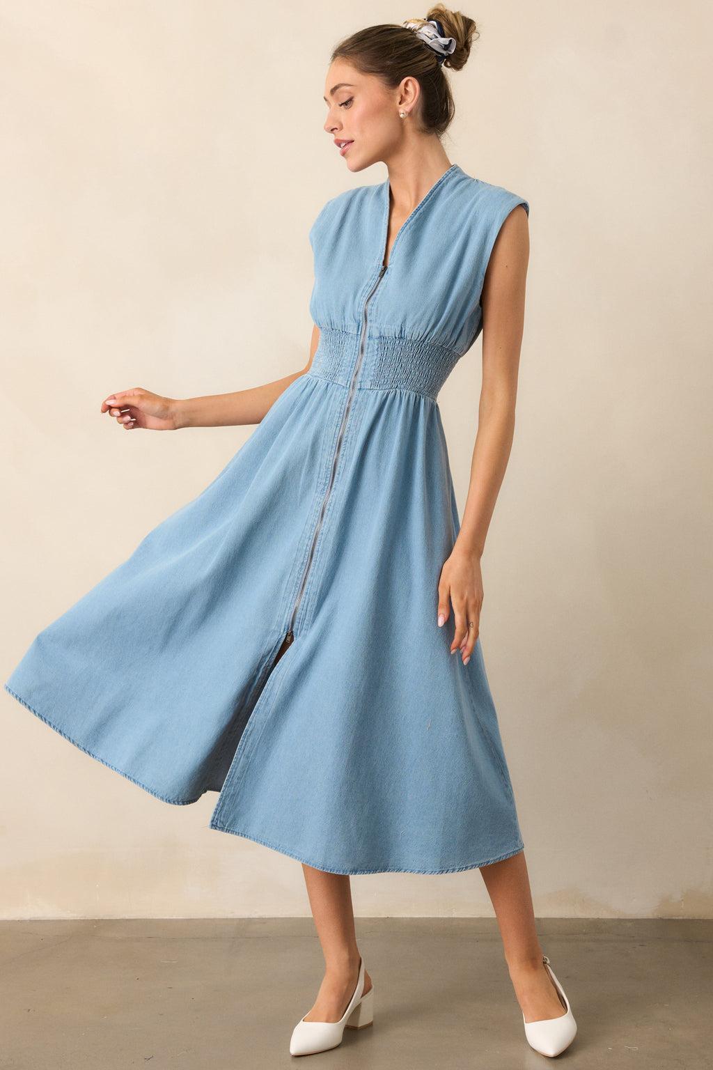 The Evette Light Wash Denim Zip Front Midi Dress Product Image