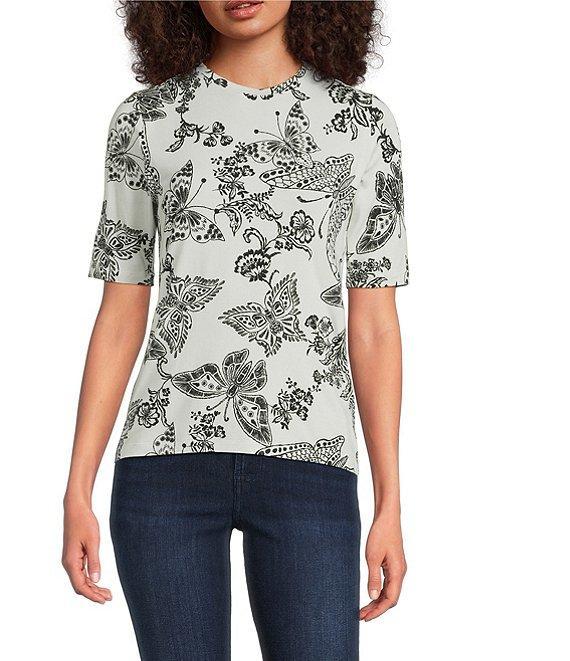 JOHNNY WAS The Janie Favorite Sydnee Butterfly Print Crew Neck Elbow Sleeve Knit Tee Product Image