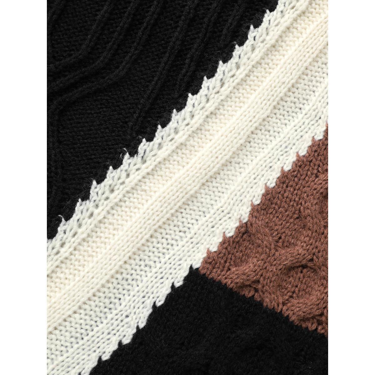 Plus Size Contrast Patchwork Cable Knit Pullover Black Women Casual Loose Long Sleeve Round Neck Everyday Pullovers BloomChic 18-20/2X Product Image