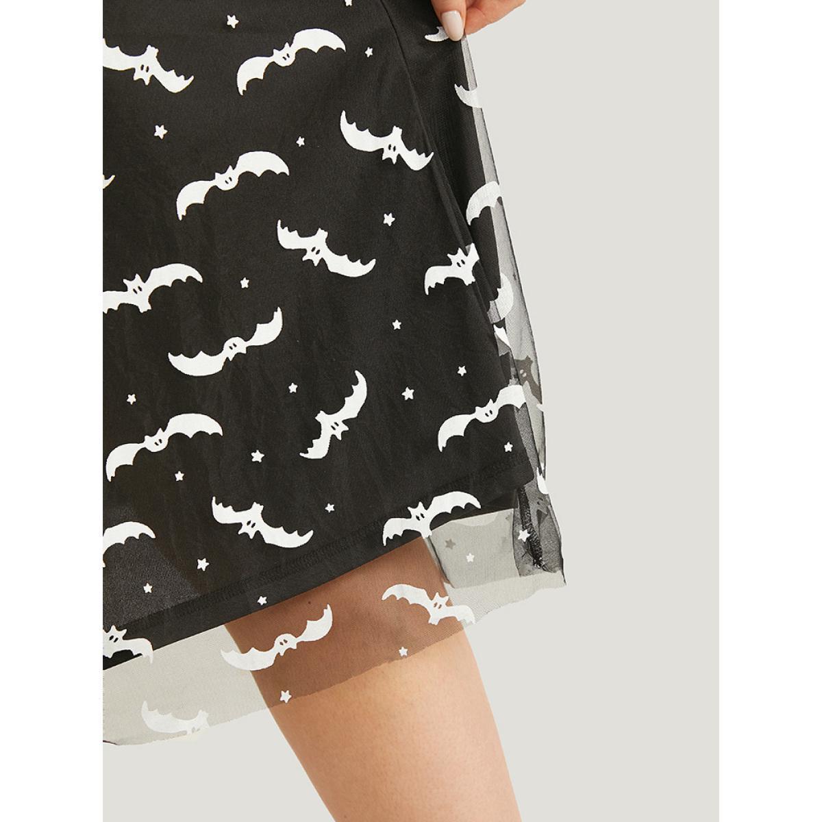 Plus Size Halloween Bat Print Mesh Square Neck Dress Black Women Glamour See through Square Neck Sleeveless Curvy Midi Dress BloomChic 22-24/3X Product Image