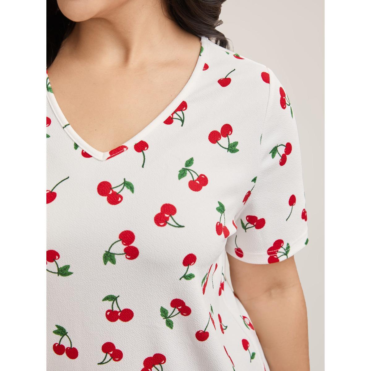 Plus Size Cherry Print Stretchy V-Neck T-Shirt WhiteSmoke Women Casual Non Fruit V-neck Everyday T-shirts BloomChic 30/6X Product Image