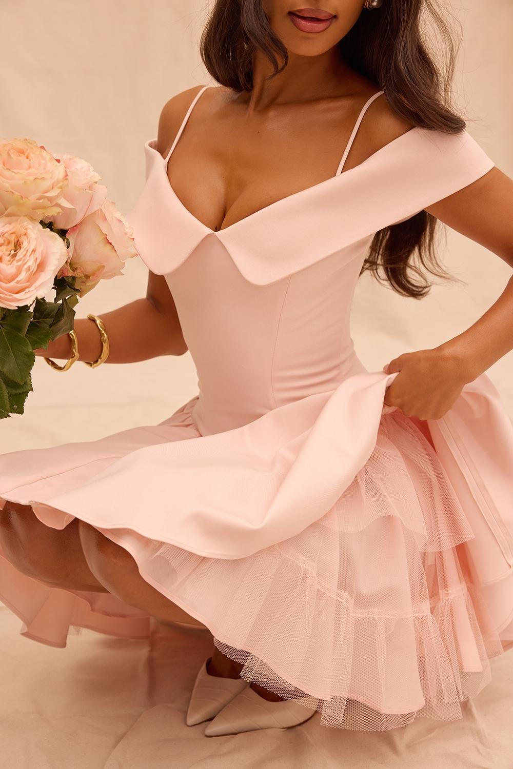 Elida  ballerina pink off shoulder mini dress Product Image