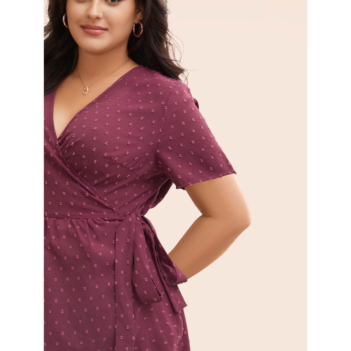 Plus Size Plain Overlap Collar Ruffle Trim Tie Knot Dress Burgundy Women Elegant Tie knot Overlap Collar Short sleeve Curvy BloomChic 22-24/3X Product Image