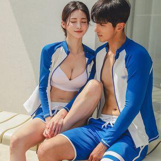 Couple Matching Set: Raglan-Sleeve Zip Swim Top + Shorts (Various Designs) Product Image