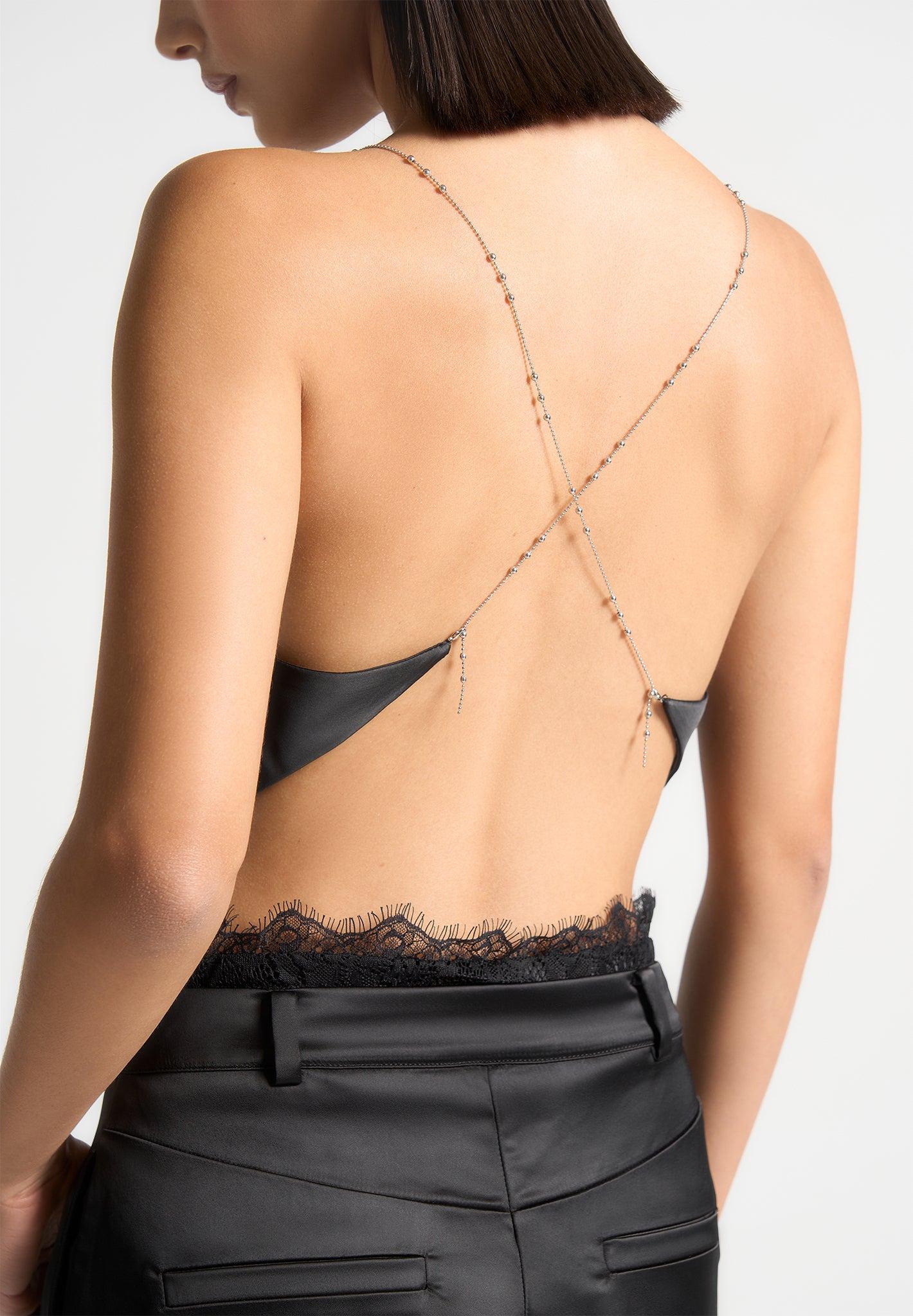 Satin Cowl Neck Top with Chain Detail - Black Female Product Image