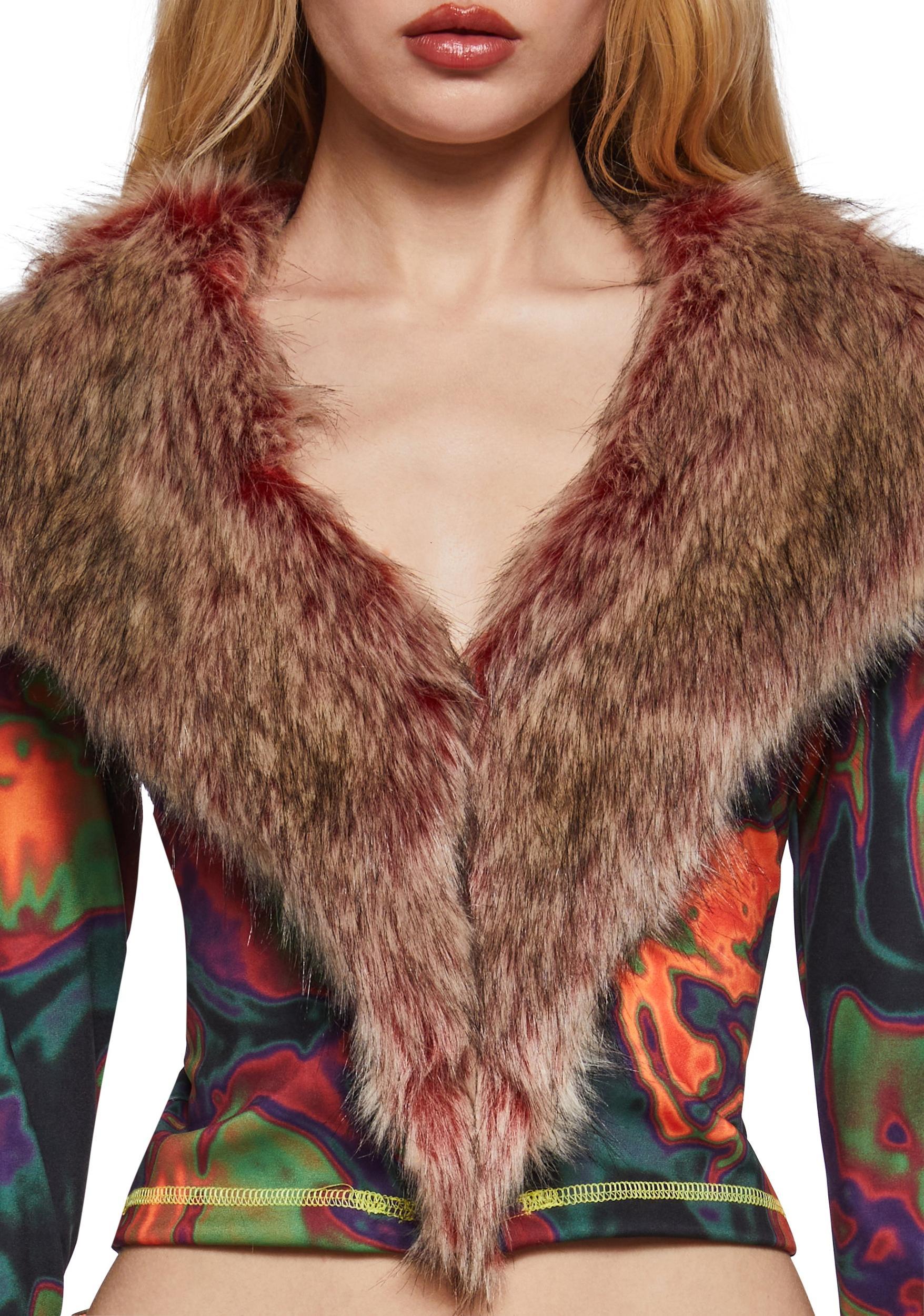 Womens Rave Trippy Graphic Faux Fur Long Sleeve Crop Top Club Exx - Multi Product Image
