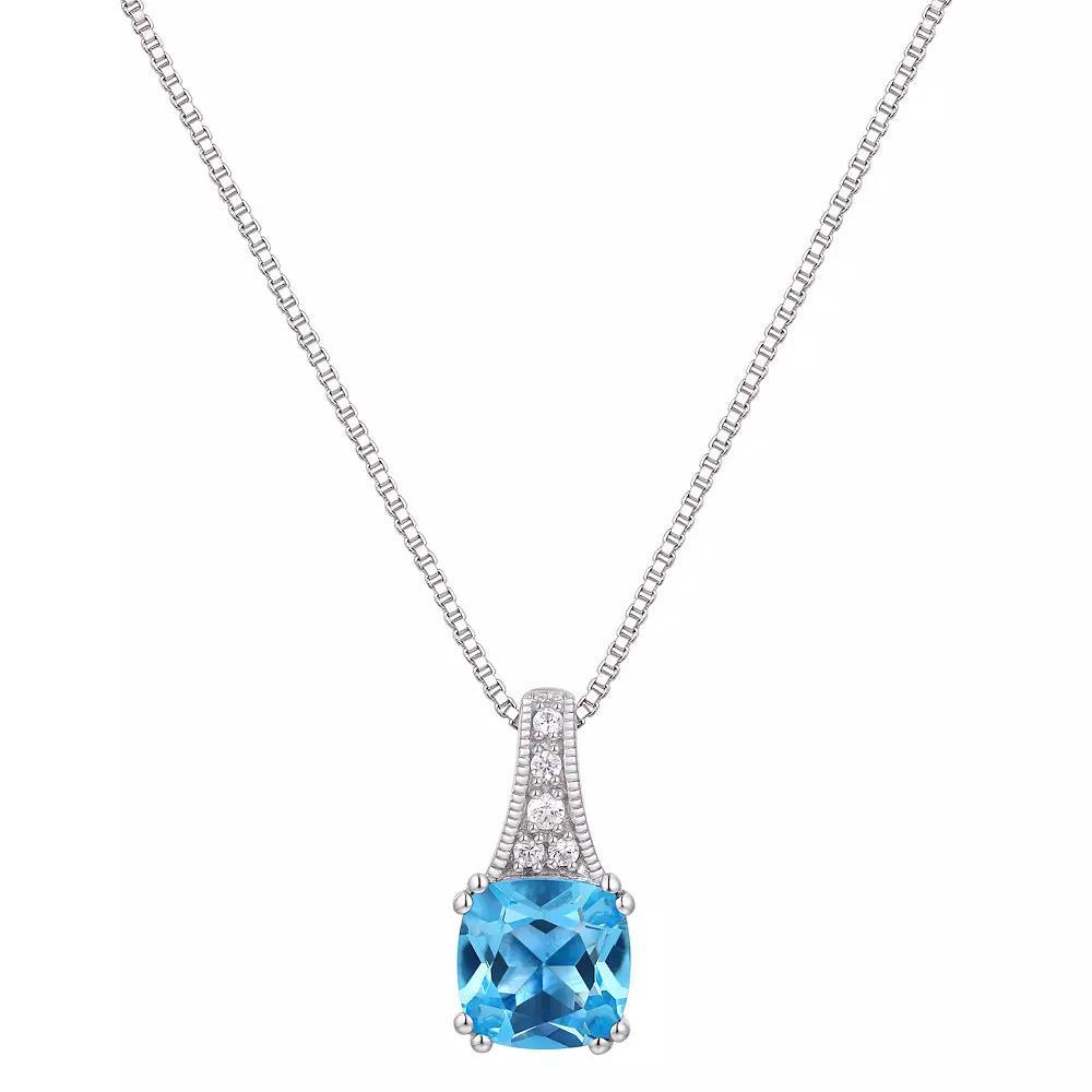 Rhodium Over Sterling Silver Square Gemstone With Lab-Created White Sapphire Accents Pendant Necklace, Women's, Size: 18", Genuine Blue Topaz Product Image