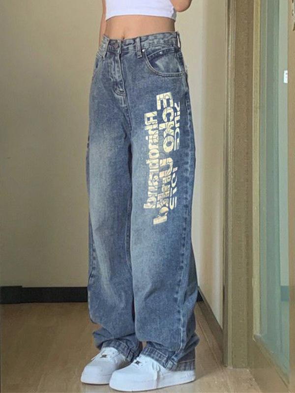 Washed Letter Print High Waist Boyfriend Jeans Product Image