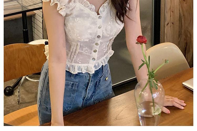 Puff Sleeve V-Neck Embroidered Ruffle Blouse Product Image