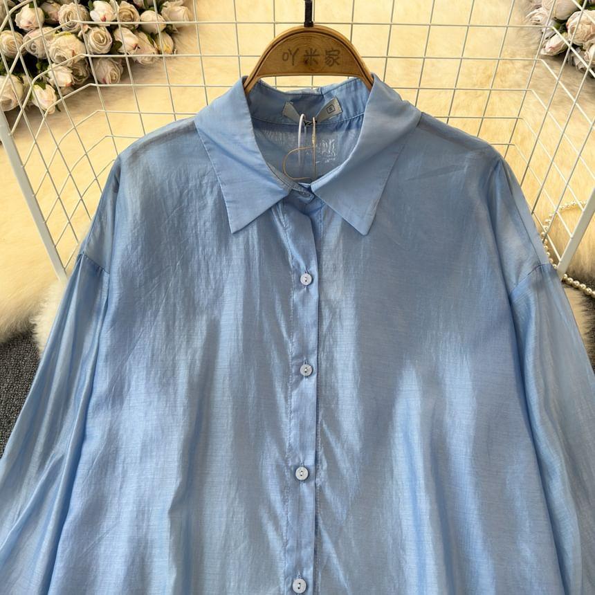 Long-Sleeve Plain Slit Back Button-Up Sheer Shirt Product Image