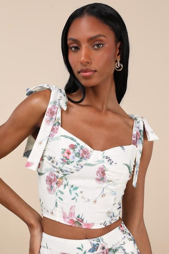 Beautifully Chic White Floral Tie-Strap Bustier Top Product Image