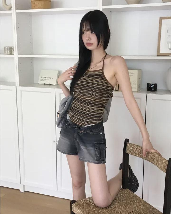 Halter Neck Striped Swimsuit Product Image