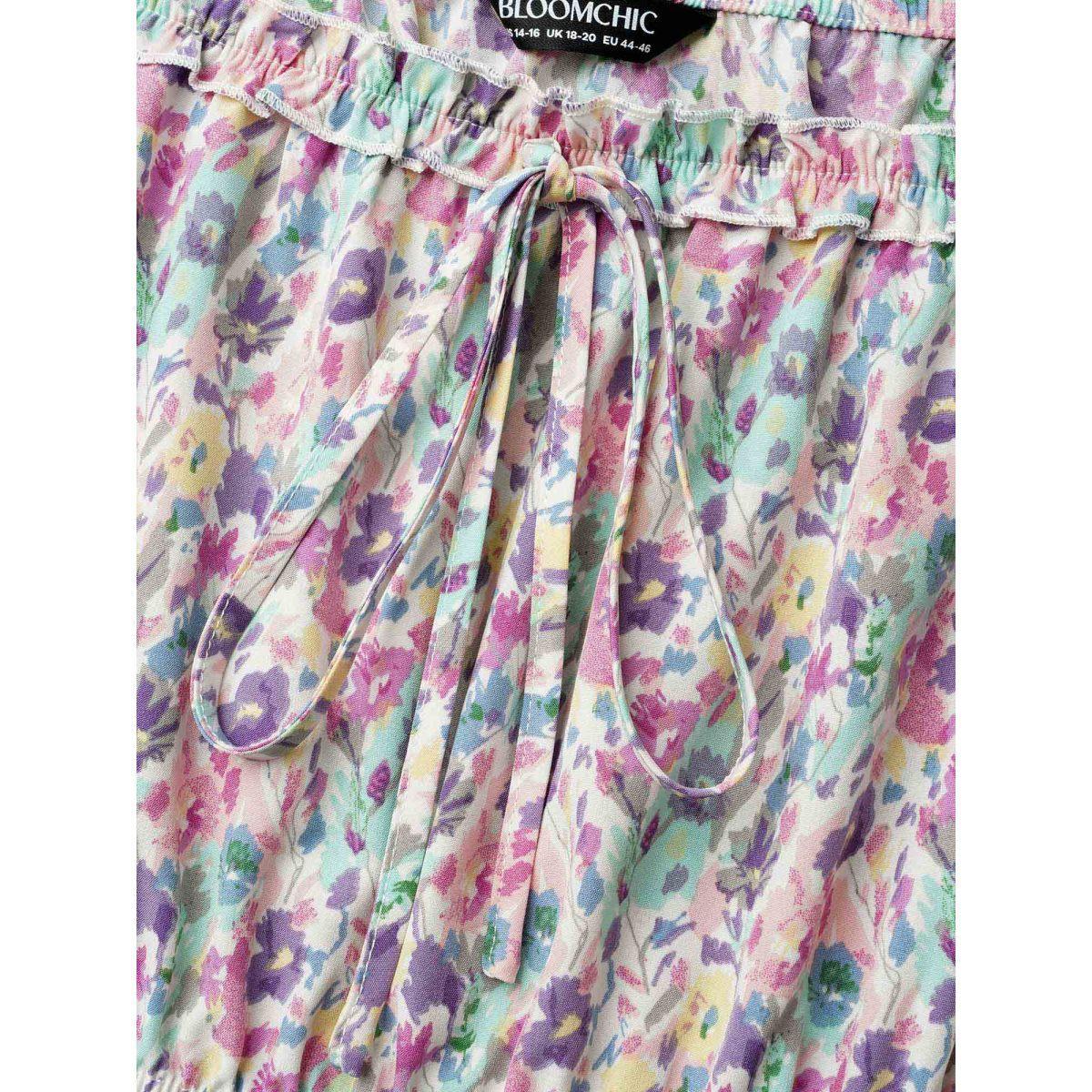 Plus Size Smocked Waist Floral Ties Tiered Maxi Dress Multicolor Women Elegant Tie knot Square Neck Short sleeve Curvy BloomChic 18-20/2X Product Image