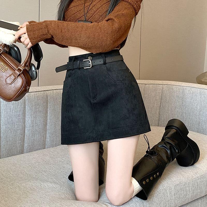 High Rise Plain Faux Suede Mini A-Line Skirt Product Image