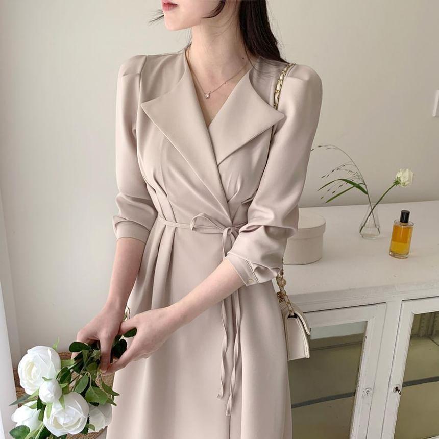 Long-Sleeve V-Neck Plain Tie Waist Midi A-Line Dress Product Image