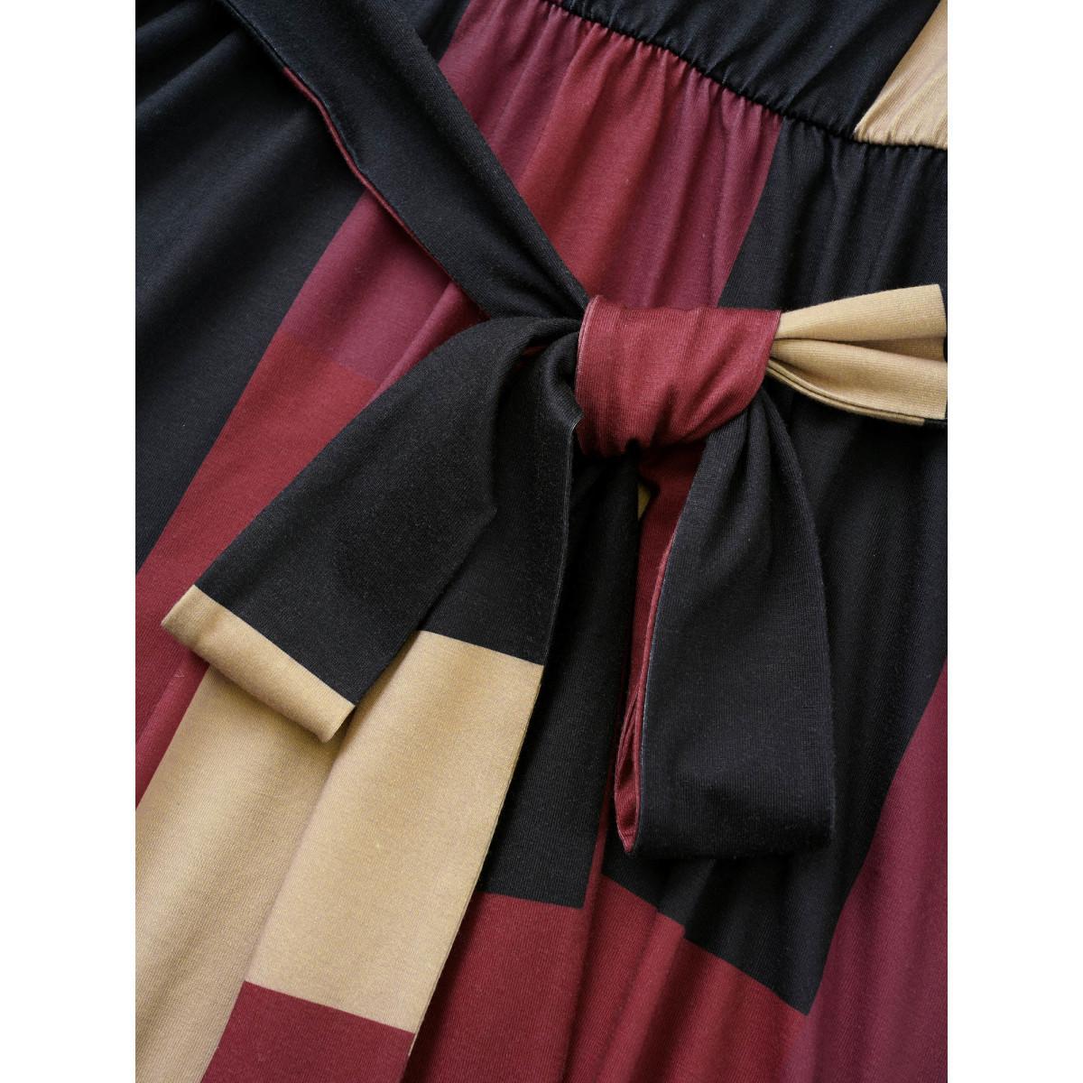 Plus Size Geometric Colorblock Contrast Square Neck Belted Dress Burgundy Women At the Office Non Square Neck Half Sleeve Curvy Midi Dress BloomChic 12/L Product Image