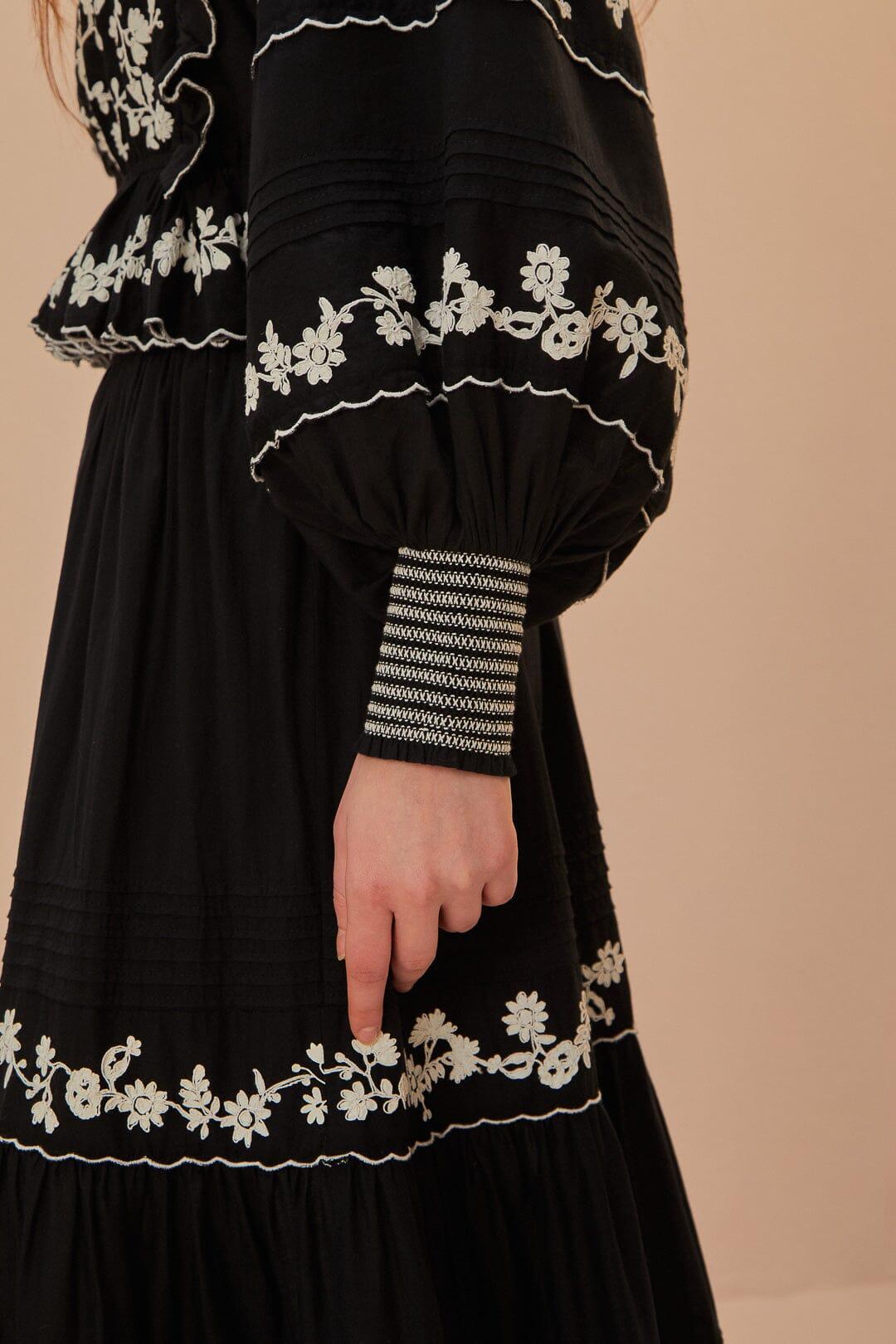 Black Embroidered Ruffle Longe Sleeve Blouse, BLACK / XS Product Image