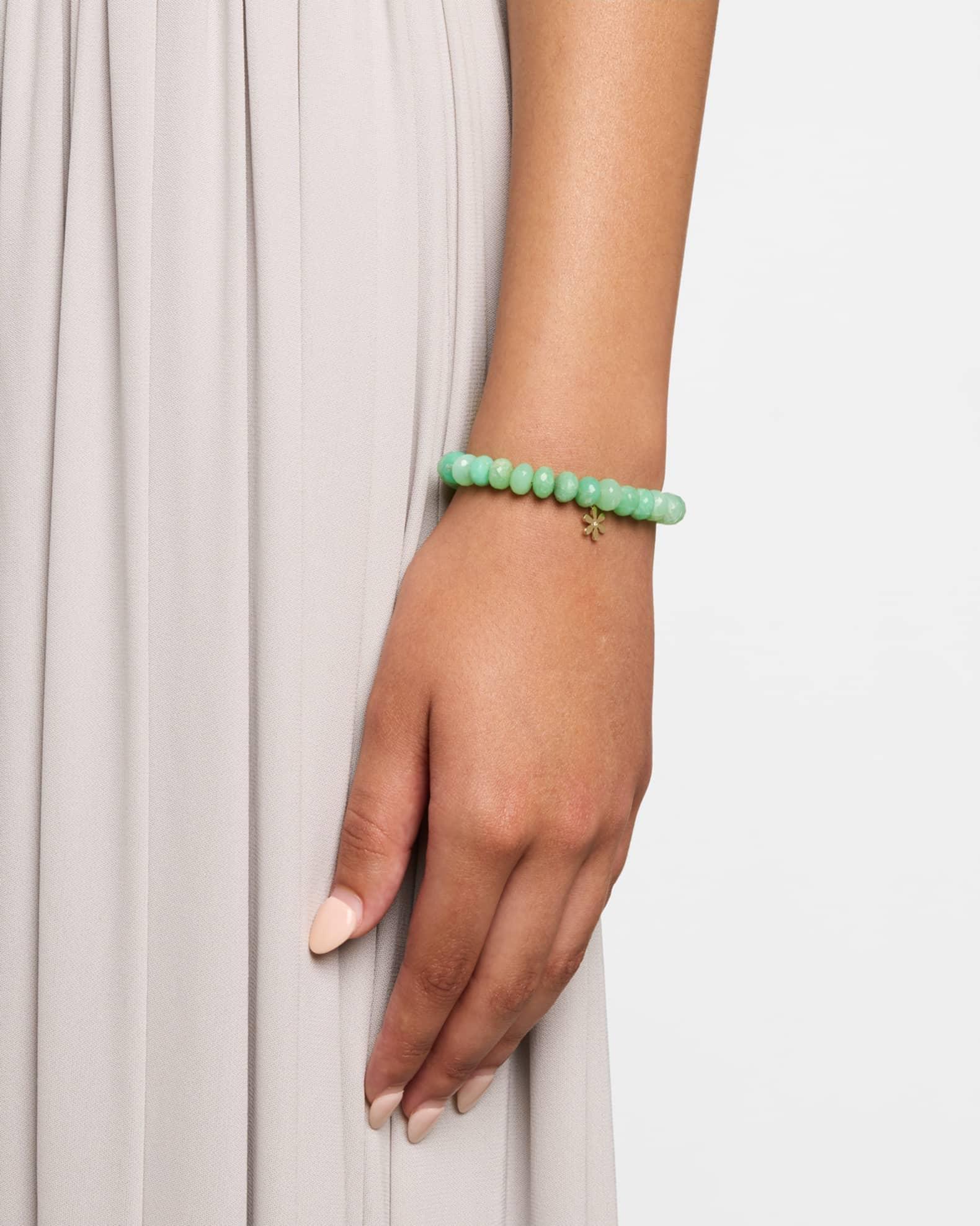 14K Gold Diamond Daisy Charm Chrysoprase Beaded Bracelet Product Image