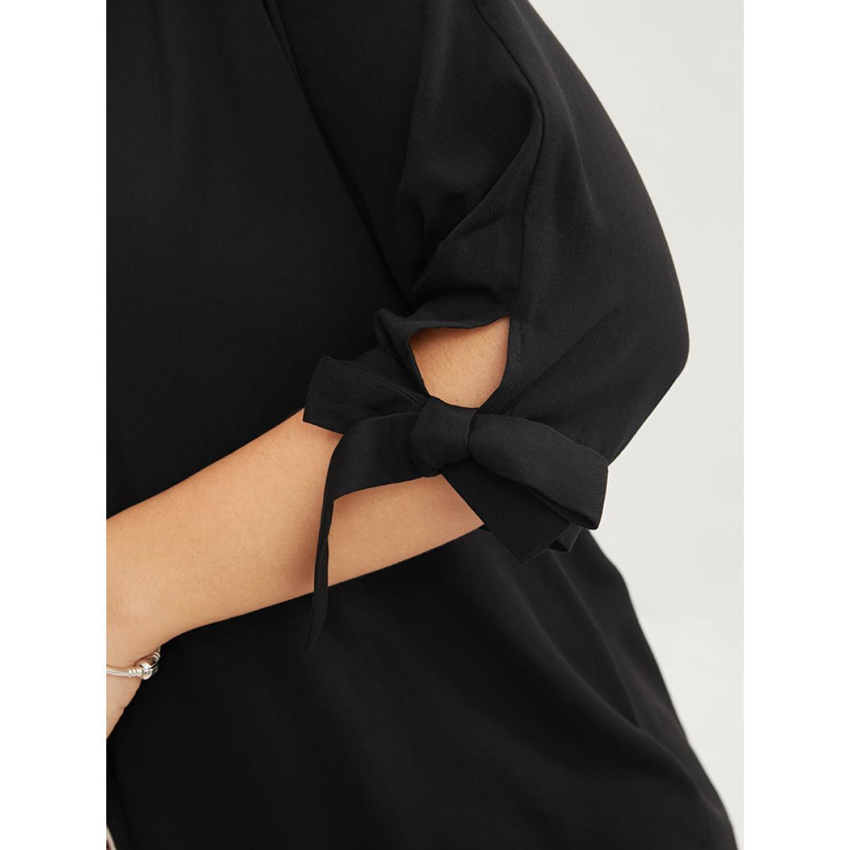 Plus Size Black Striped Geometric Patchwork Knotted Sleeve Blouse Women Vacation Elbow-length sleeve V-neck Dailywear Blouses BloomChic 10/M Product Image