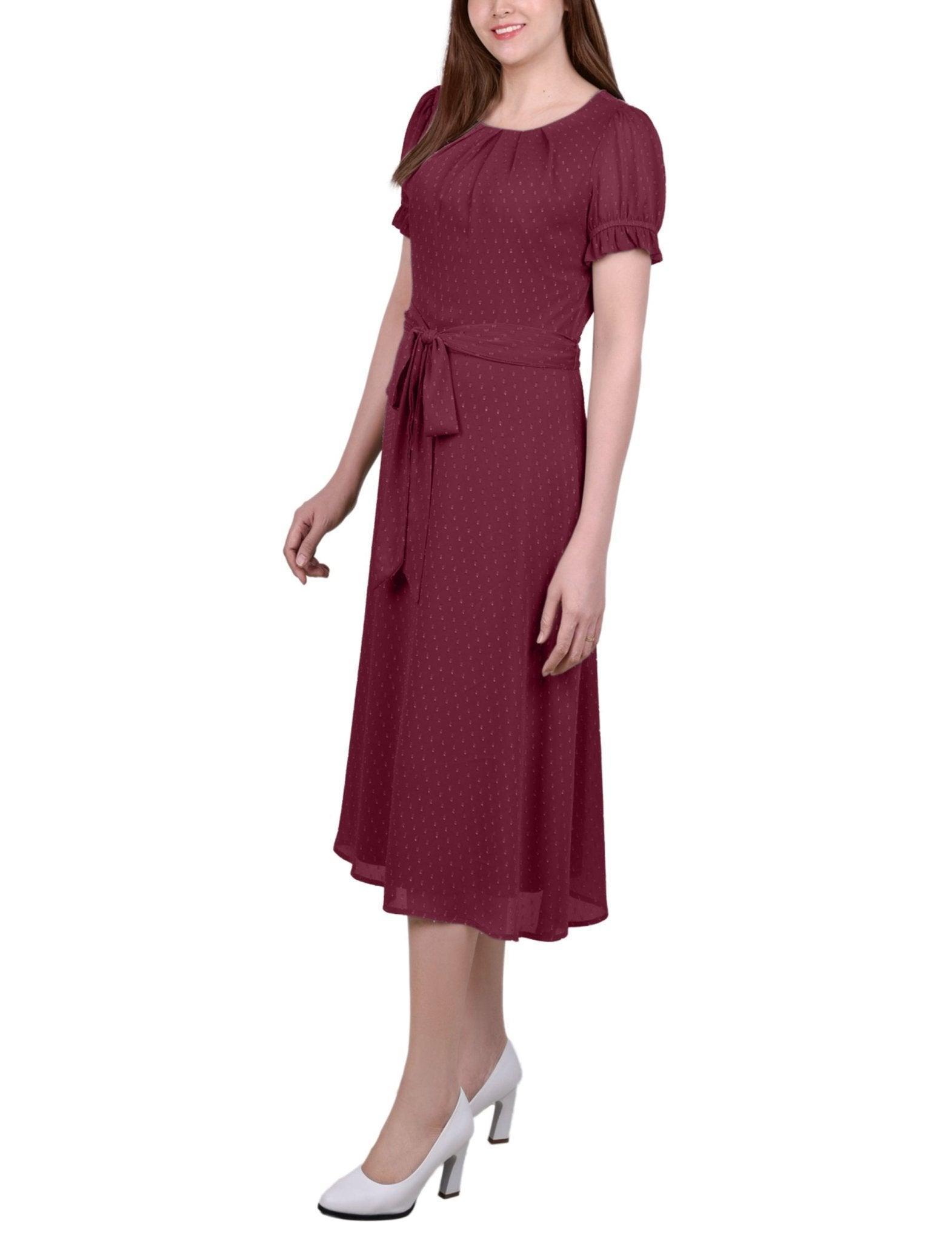 Short Sleeve Belted Swiss Dot Dress - Petite Product Image