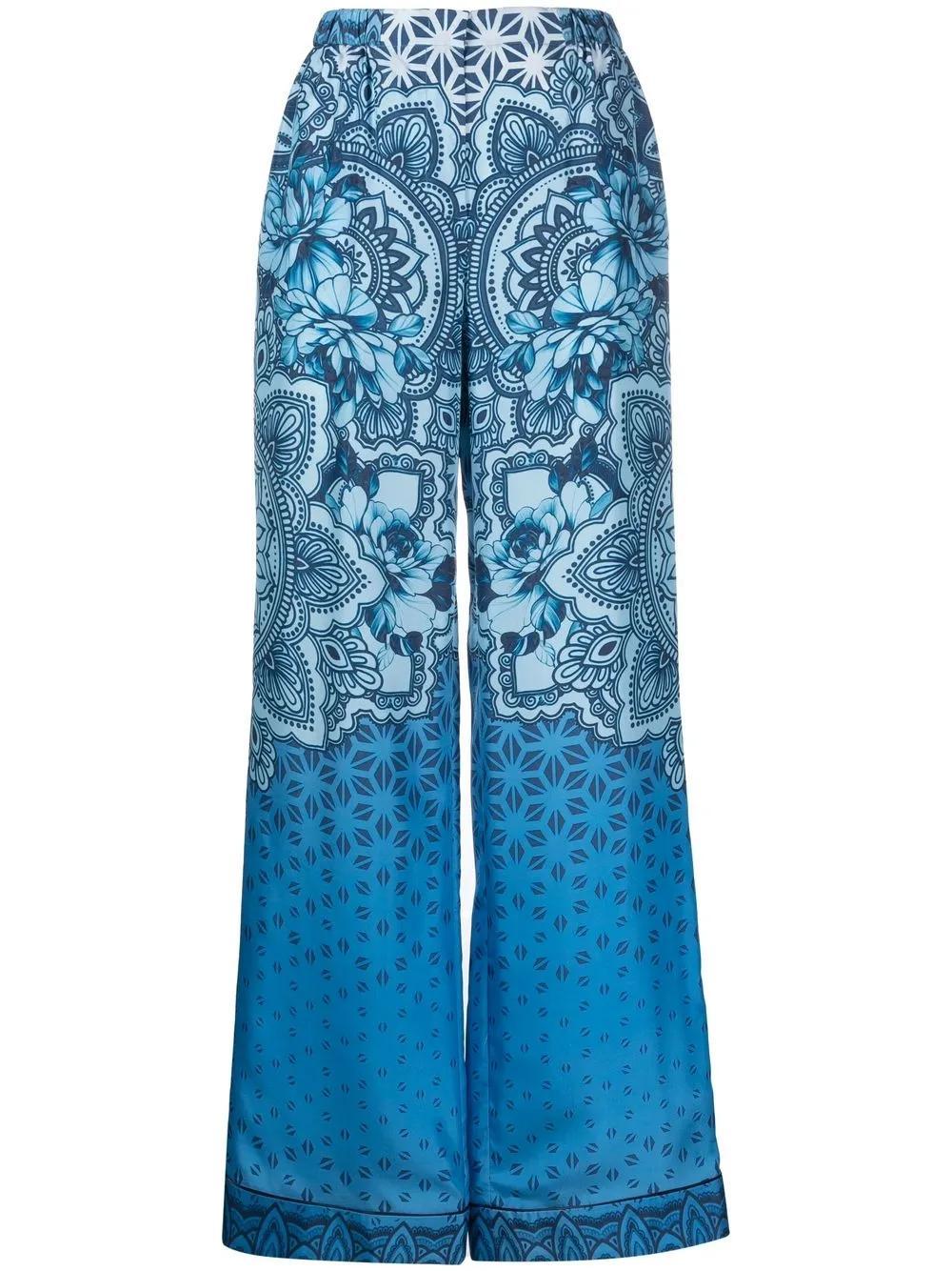 ALBERTA FERRETTI Silk Graphic-print Wide-leg Trousers In Blue Product Image