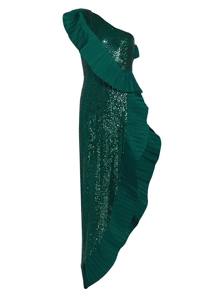 Womens Sequin One-Shoulder Ruffled Gown Product Image
