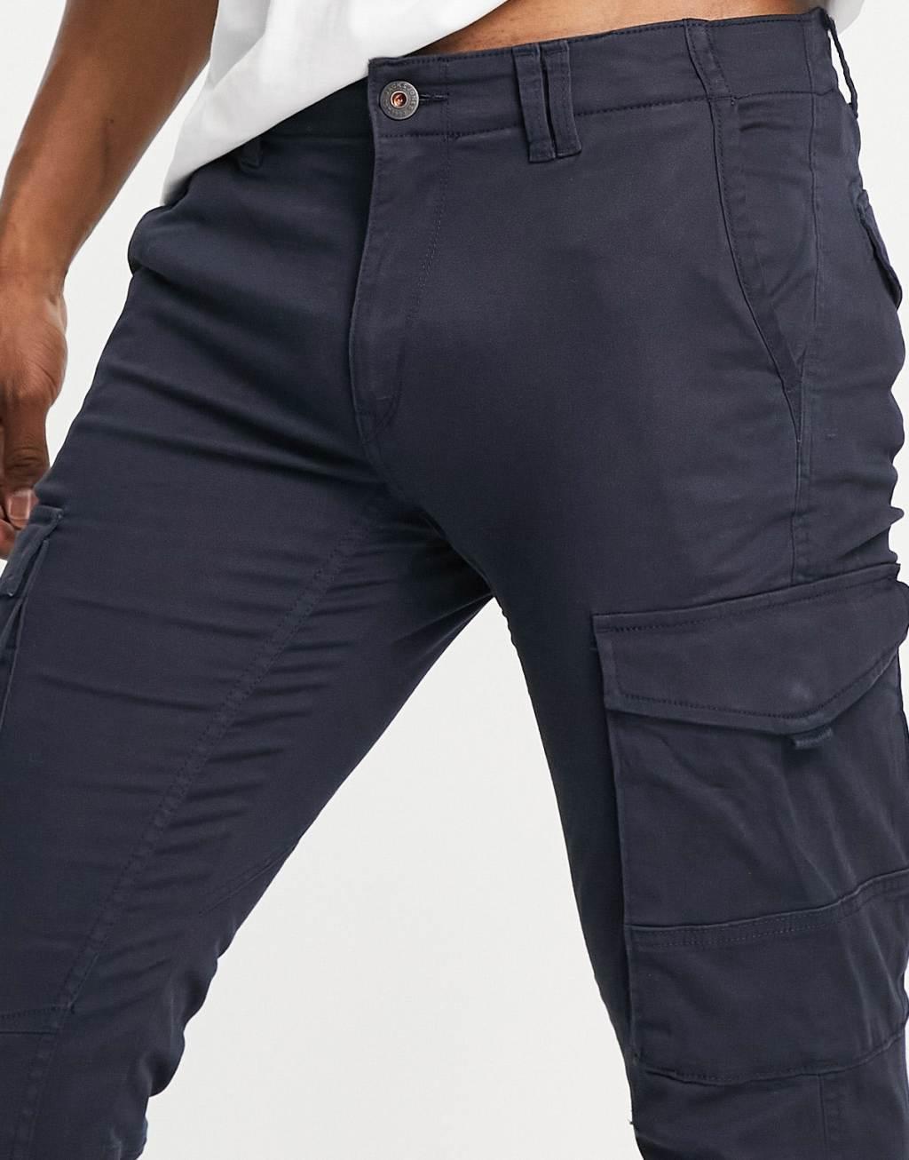 Jack & Jones Intelligence slim fit cargos with cuff in navy  Product Image