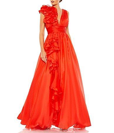 Mac Duggal Ruffle Shoulder V-Neck Chiffon Gown Product Image