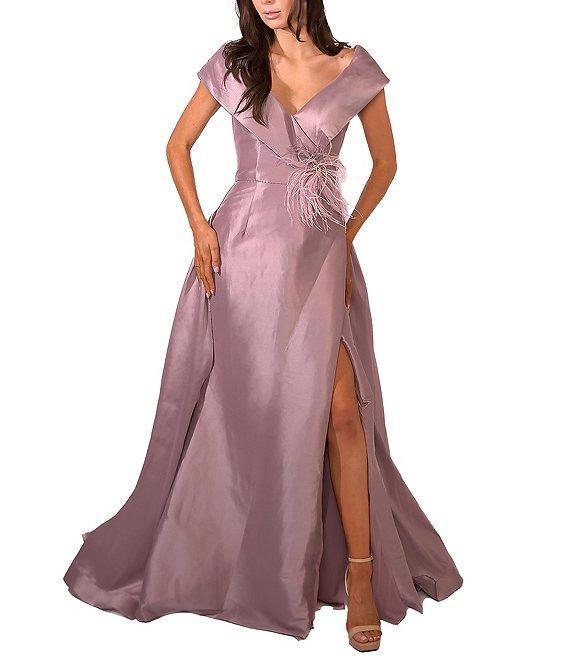 Terani Couture Off-the-Shoulder Cap Sleeve Feather Waist Ball Gown Product Image