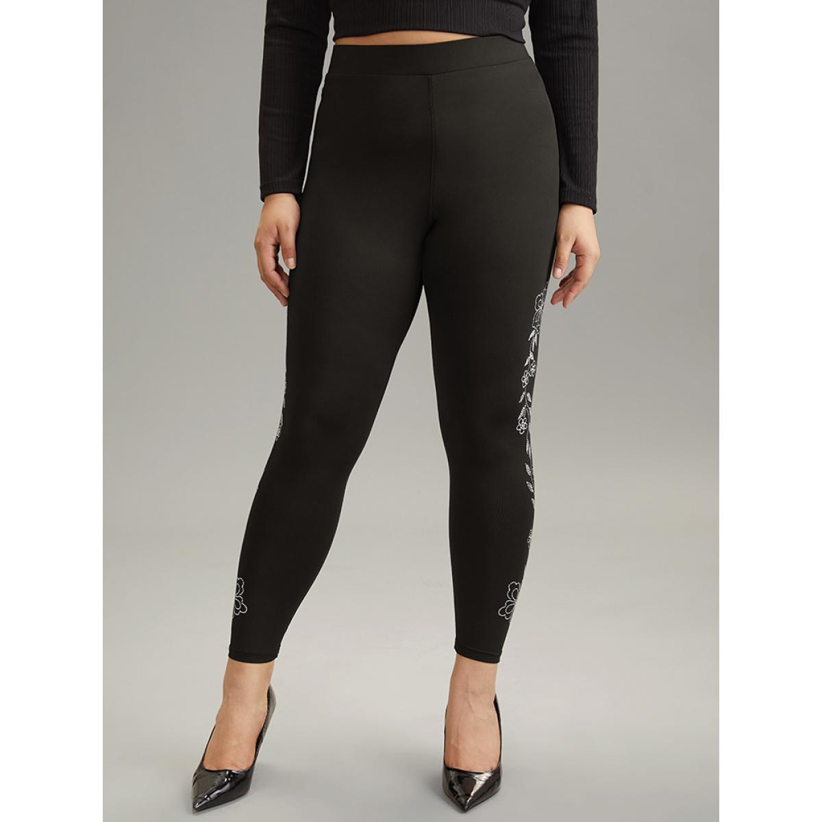 Plus Size Floral Rhinestone Patchwork High Rise Leggings Women Black Casual High stretch Skinny High Rise Dailywear Leggings BloomChic 22-24/3X Product Image
