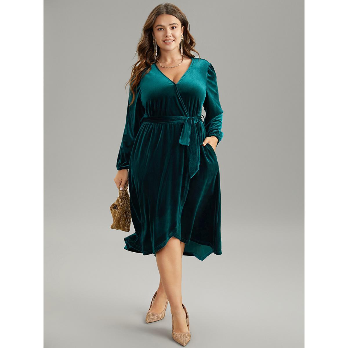 Plus Size Solid Velvet Belted Wrap Arc Hem Dress Cyan Women Elegant Elastic cuffs Overlap Collar Long Sleeve Curvy Midi Dress BloomChic 22-24/3X Product Image