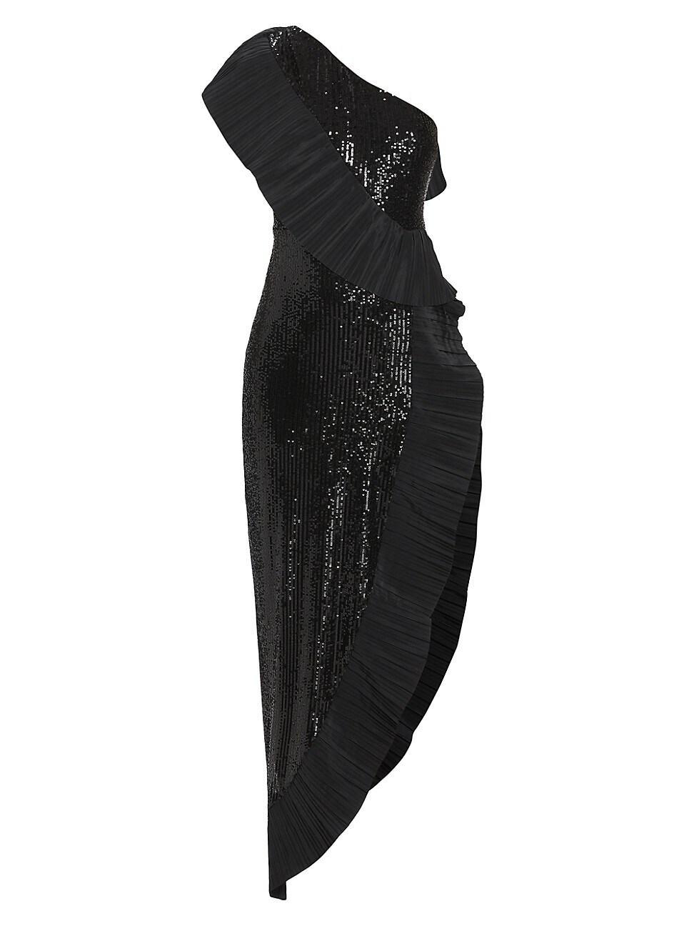 Womens Sequin One-Shoulder Ruffled Gown Product Image
