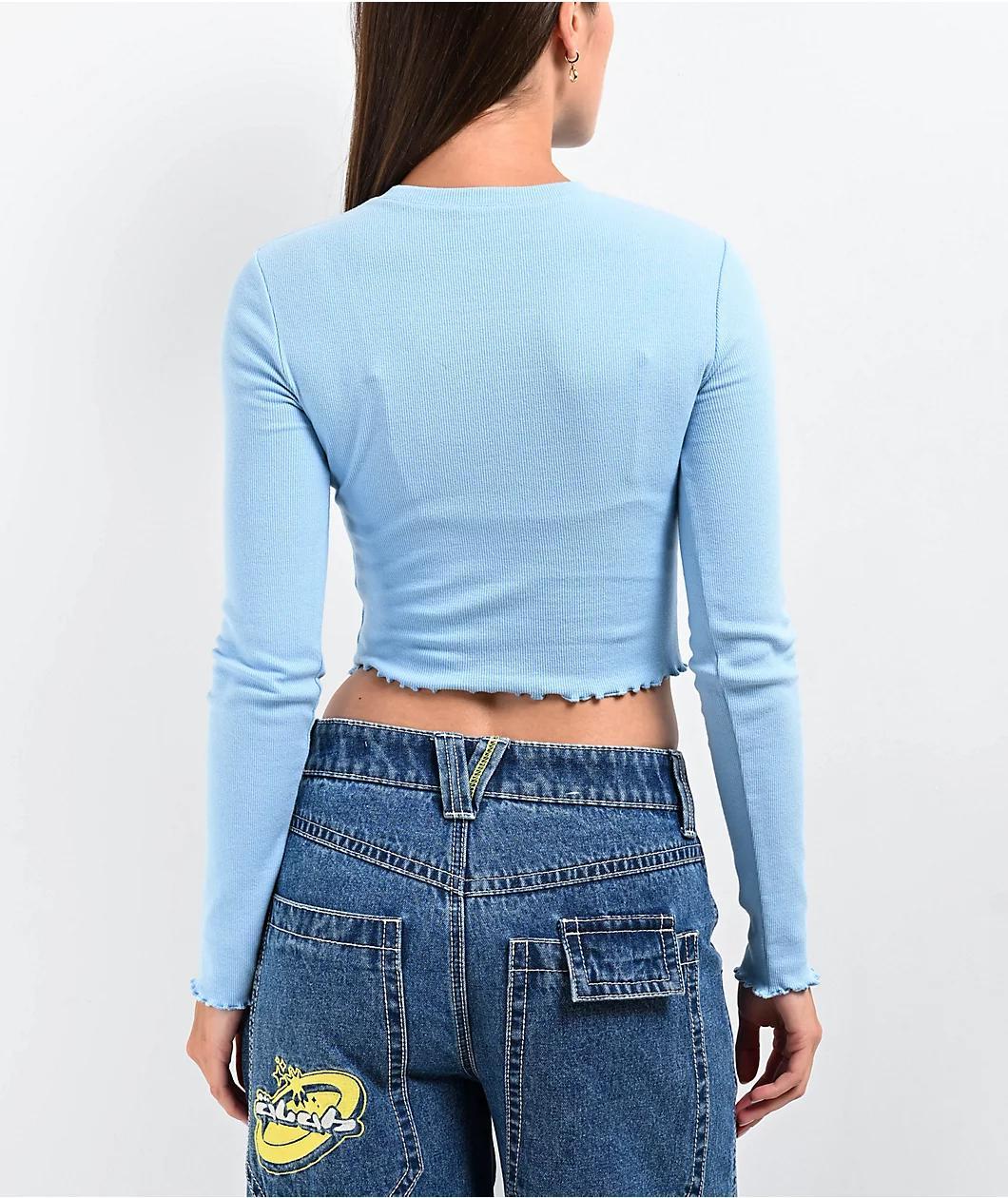 A.LAB Audrina Flower Light Blue Long Sleeve Crop T-Shirt Product Image