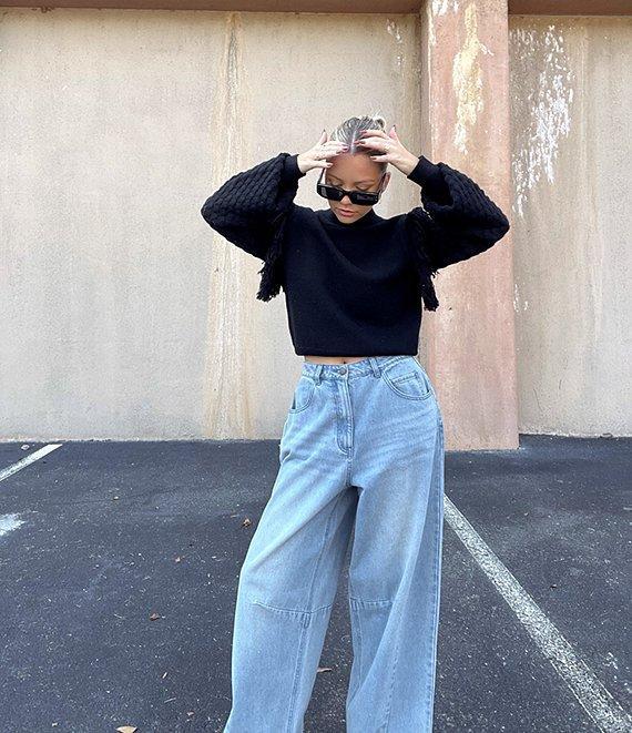 C&V Chelsea & Violet Raw Edge Frayed Hem Wide Leg Denim Jeans Product Image