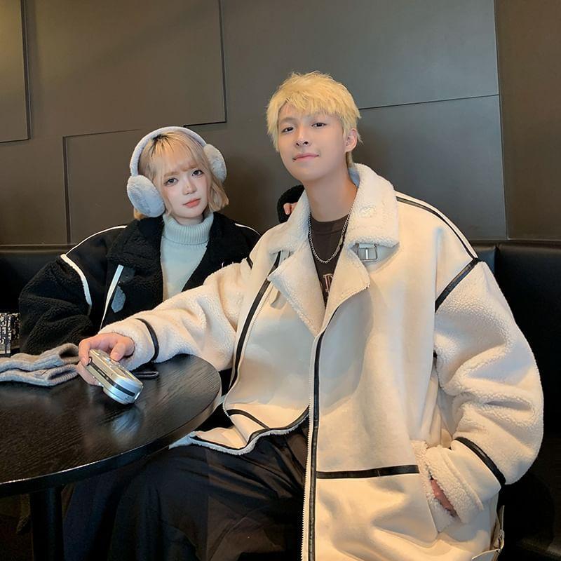 Couple Matching Collared Panel Faux Shearling Zip Jacket Product Image