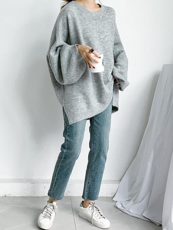 Stretch Mohair-Blend Balloon Sleeves Loose Solid Round-Neck Sweater Tops Product Image