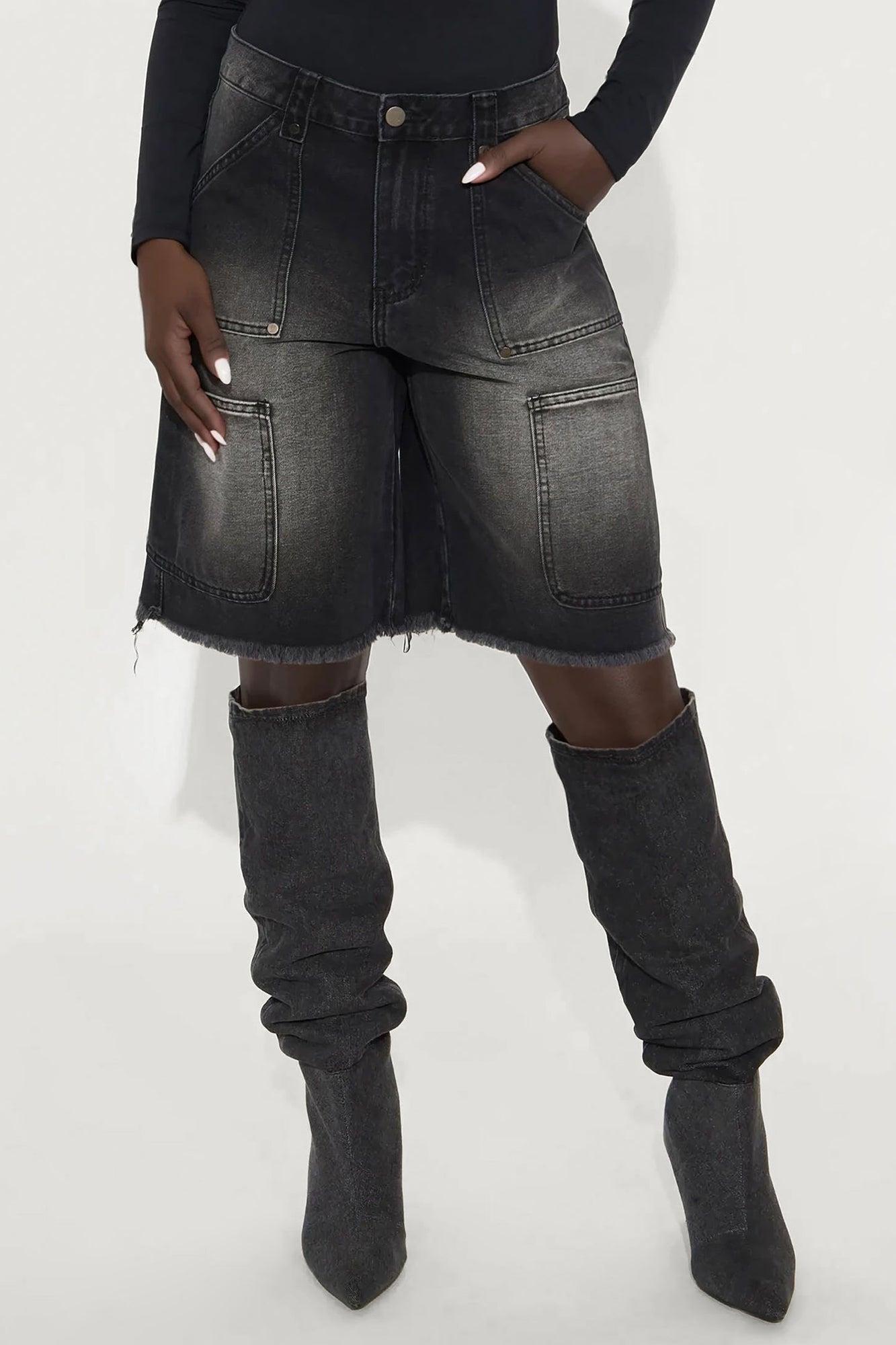 Out Of Your Way Utility Denim Jorts - Black Wash Female Product Image