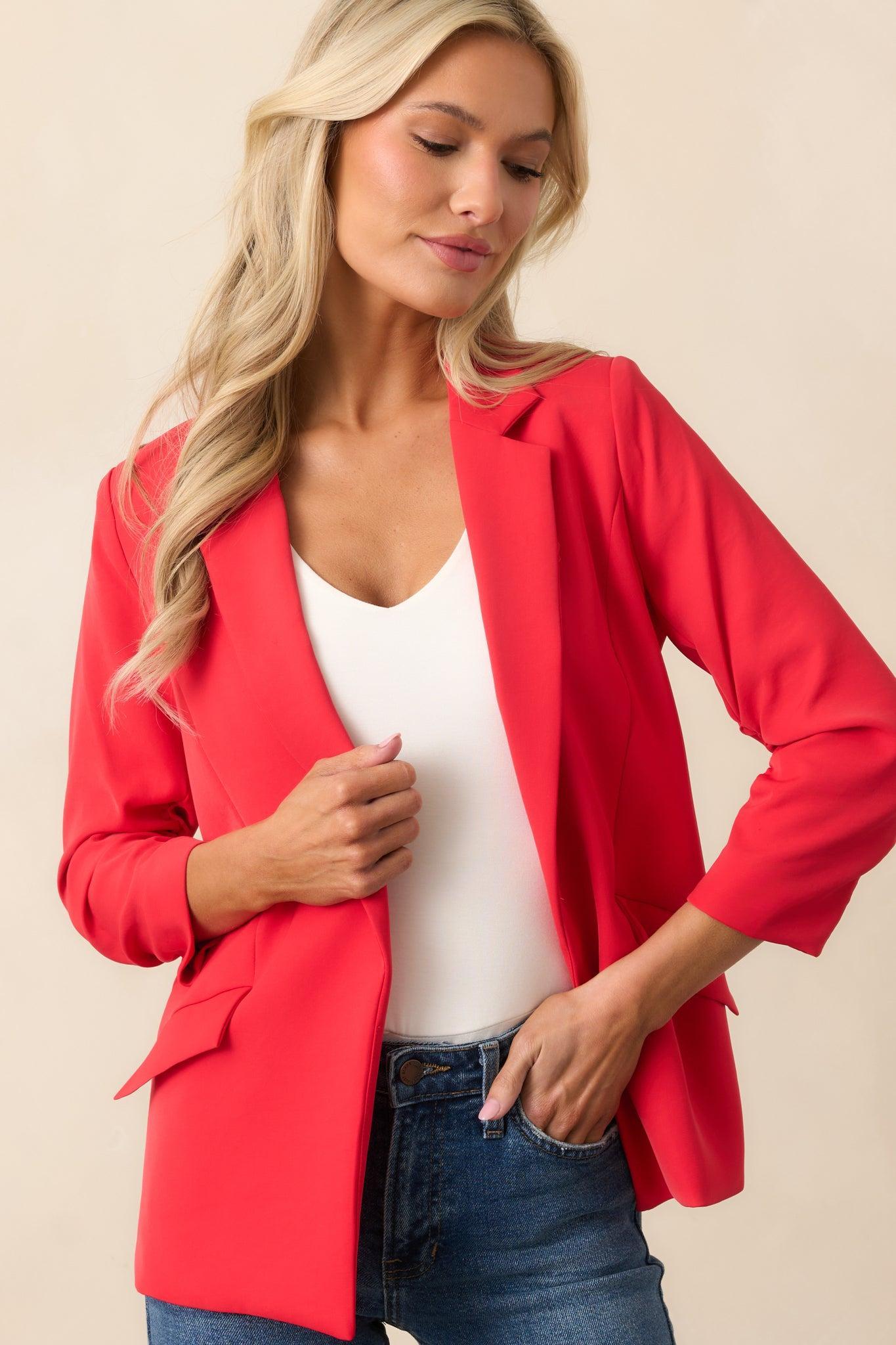 She Means Business Red Single-Breasted Tailored Blazer Product Image