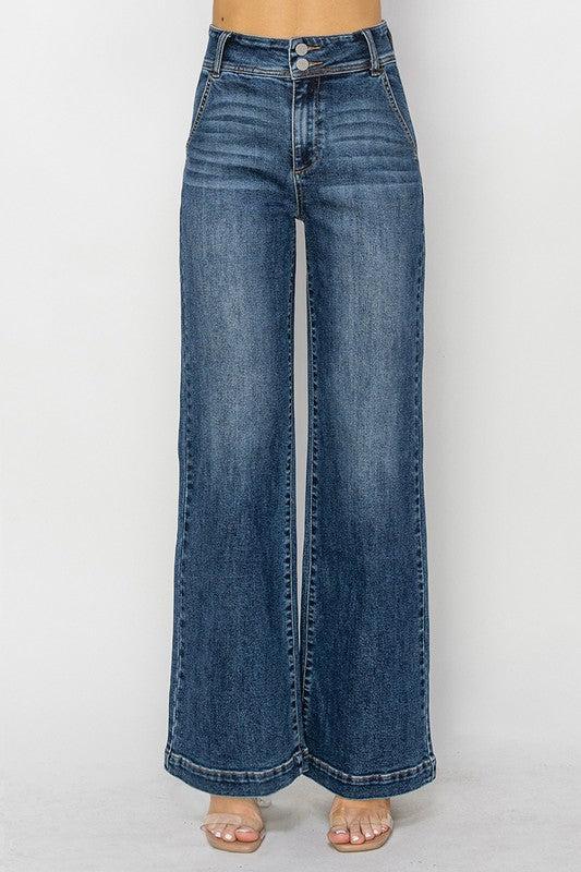 PLUS High Rise Wide Leg Double Button Jeans Product Image