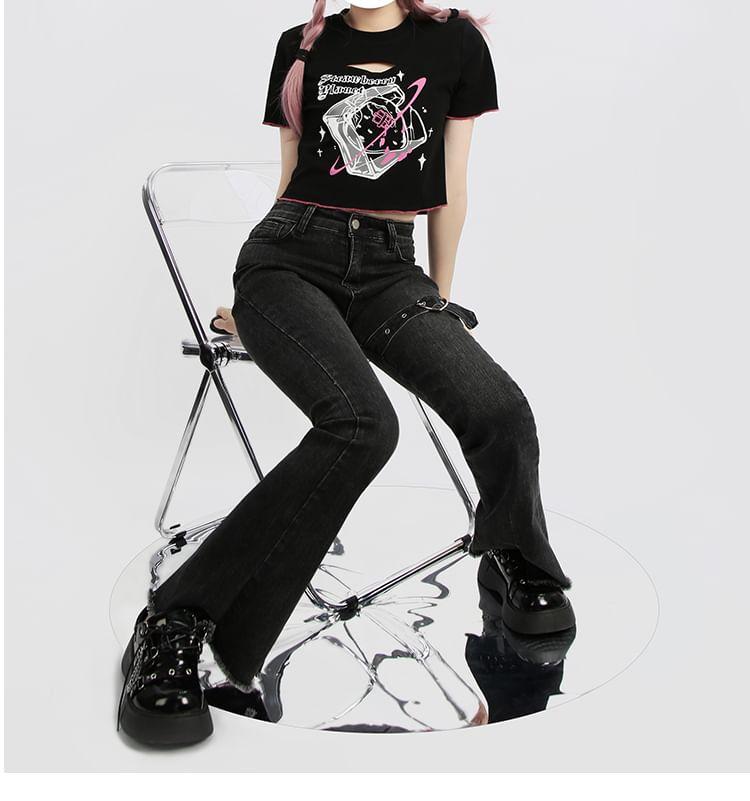 Low Rise Heart Buckled Washed Frayed Slit Flared Jeans Product Image