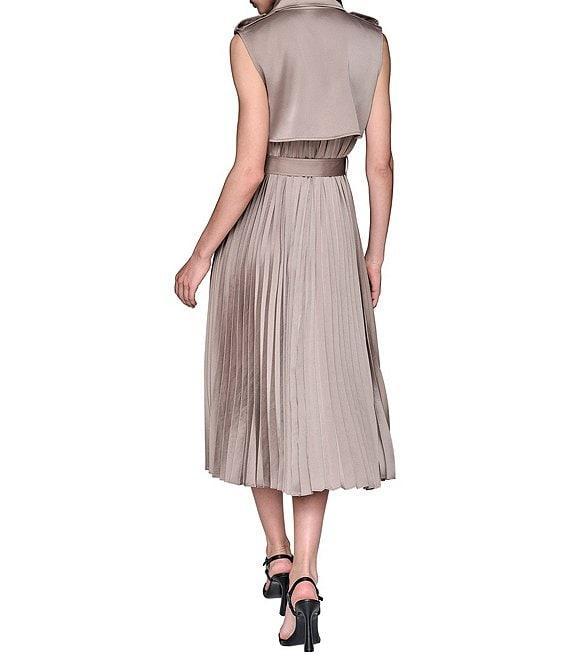 KARL LAGERFELD PARIS Satin Back Crepe Notch Collar Belted Pleated Shirt Midi Dress Product Image
