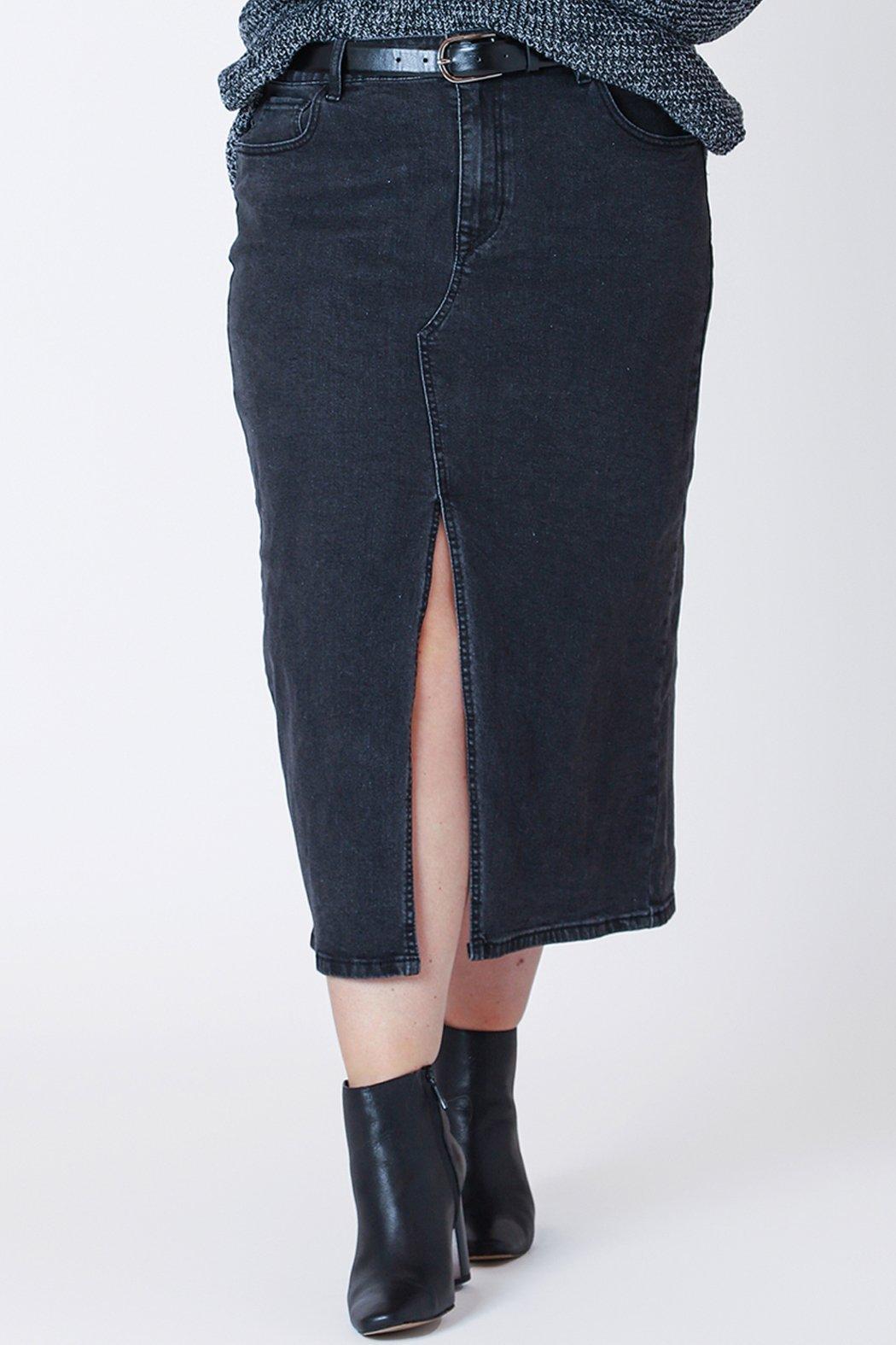 Black Denim Midi Skirt Product Image