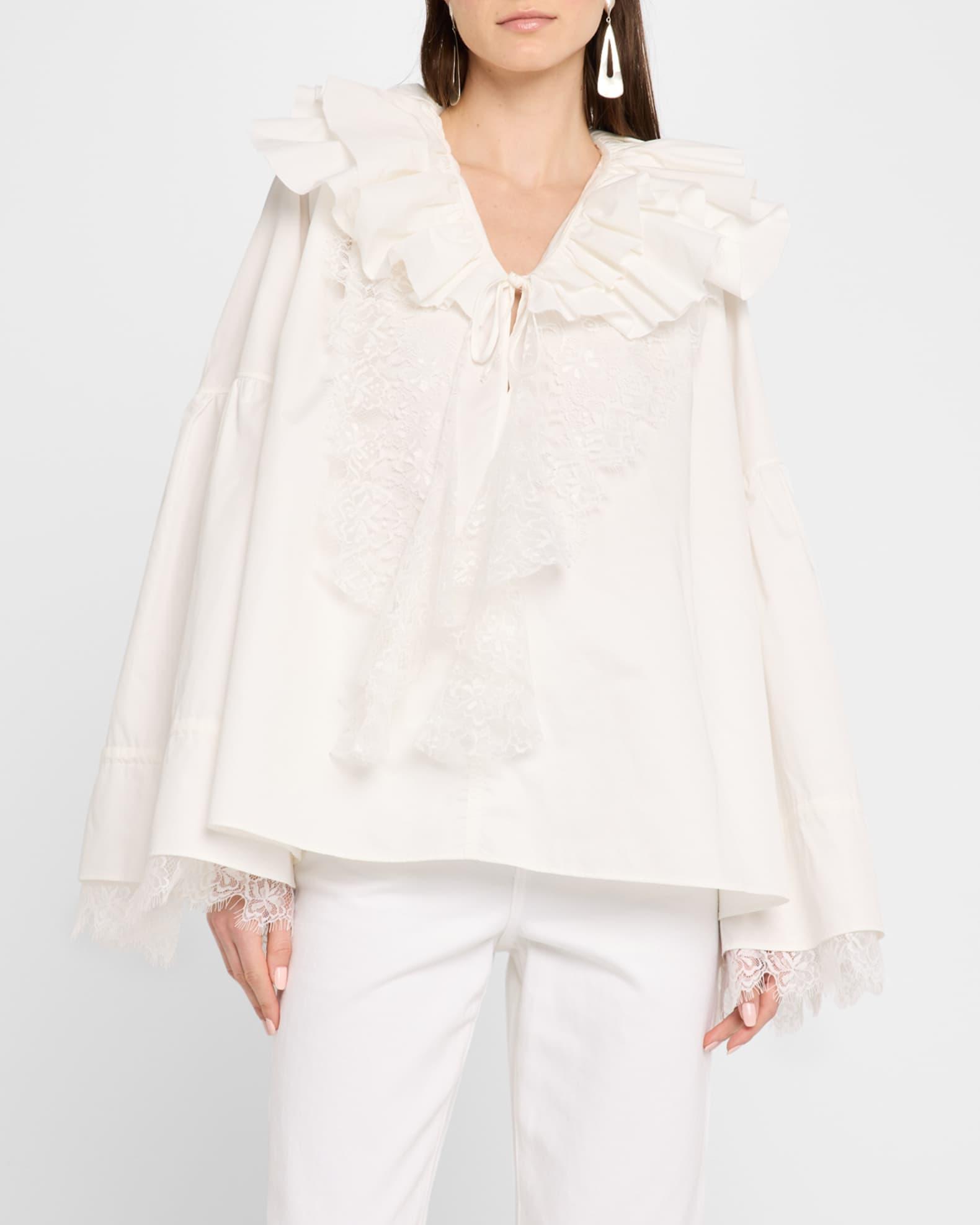 Long-Sleeve Frilled Lace Shirt Product Image