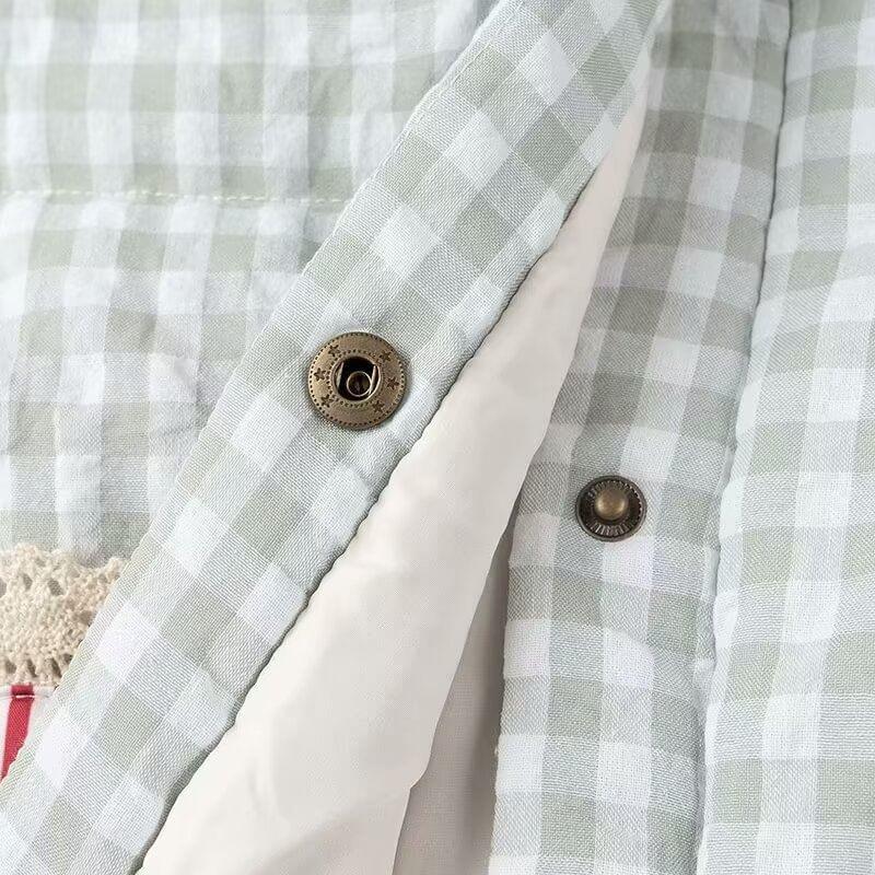 Stand Collar Plaid Heart Pocket Detail Padded Button Jacket Product Image