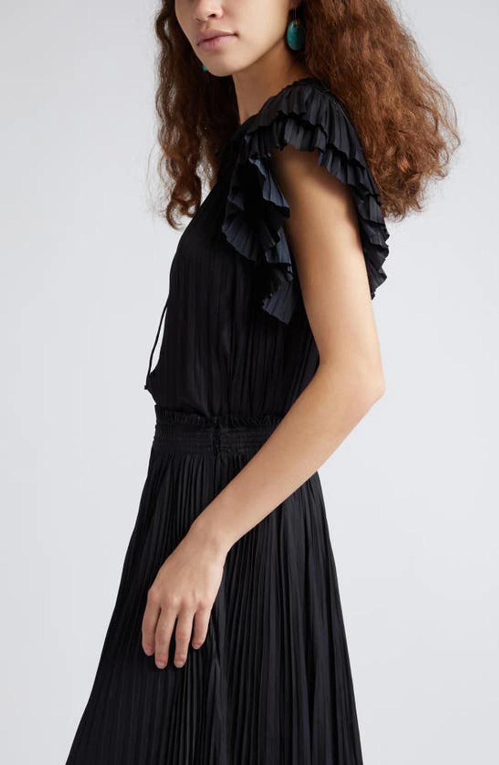 Elli Pleated Satin Split-neck Keyhole Top In Black Product Image