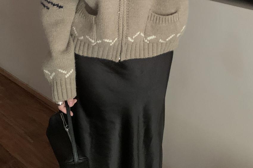 Shawl Collar Jacquard Zip-Up Cardigan Product Image