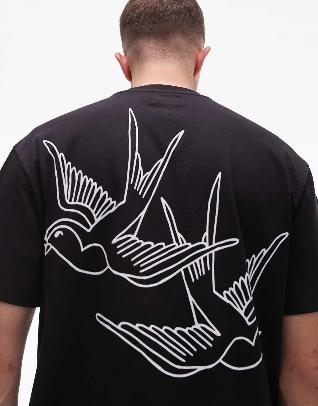 Topman oversized fit t-shirt with swallows back print in black Product Image