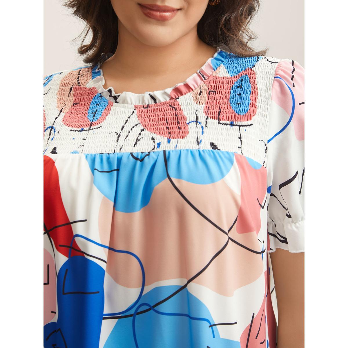 Plus Size Multicolor Whimsical Pattern Shirred Puff Sleeve Blouse Women Short sleeve Stand-up collar Everyday-Elegant Blouses BloomChic 12/L Product Image